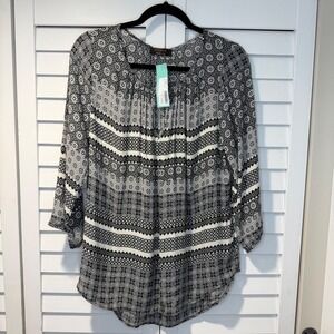 Renee C Hassan Keyhole Blouse Black White Geometric Print 3/4 Sleeve XL Boho NEW